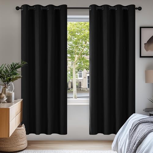 Deconovo Vorhang Ösen Gardinen Schlafzimmer Thermogardine Kälteschutz, 175x140 cm(HöhexBreite), Schwarz, 2er Set